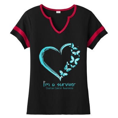 Teal Butterfly Heart Im A Survivor Ovarian Cancer Awareness Ladies Halftime Notch Neck Tee