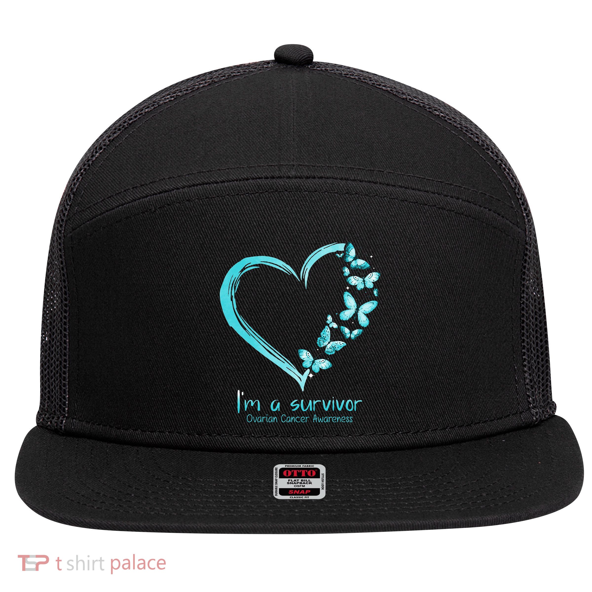 Teal Butterfly Heart Im A Survivor Ovarian Cancer Awareness 7 Panel Mesh Trucker Snapback Hat