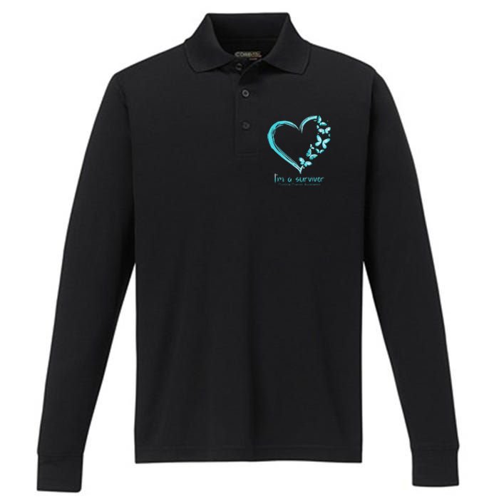 Teal Butterfly Heart Im A Survivor Ovarian Cancer Awareness Performance Long Sleeve Polo