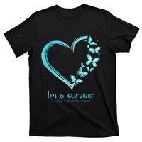 Teal Butterfly Heart Im A Survivor Ovarian Cancer Awareness T-Shirt