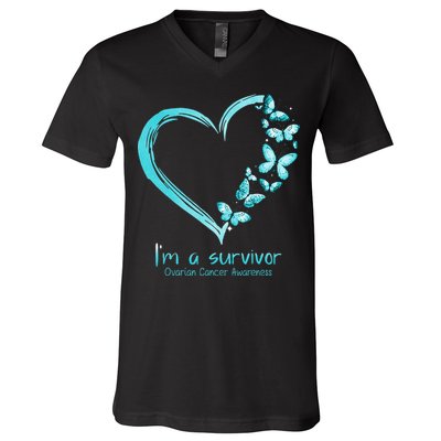 Teal Butterfly Heart Im A Survivor Ovarian Cancer Awareness V-Neck T-Shirt