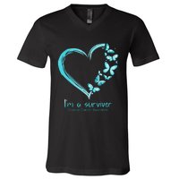 Teal Butterfly Heart Im A Survivor Ovarian Cancer Awareness V-Neck T-Shirt