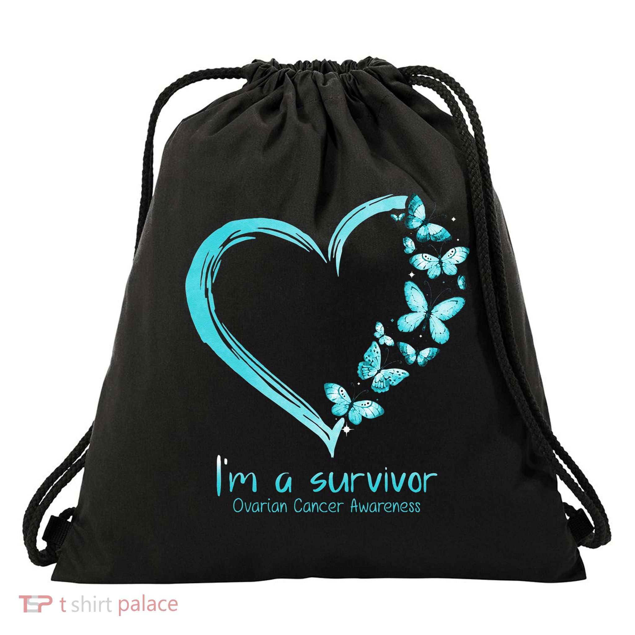 Teal Butterfly Heart Im A Survivor Ovarian Cancer Awareness Drawstring Bag