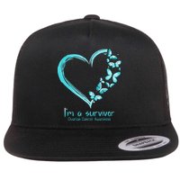 Teal Butterfly Heart Im A Survivor Ovarian Cancer Awareness Flat Bill Trucker Hat