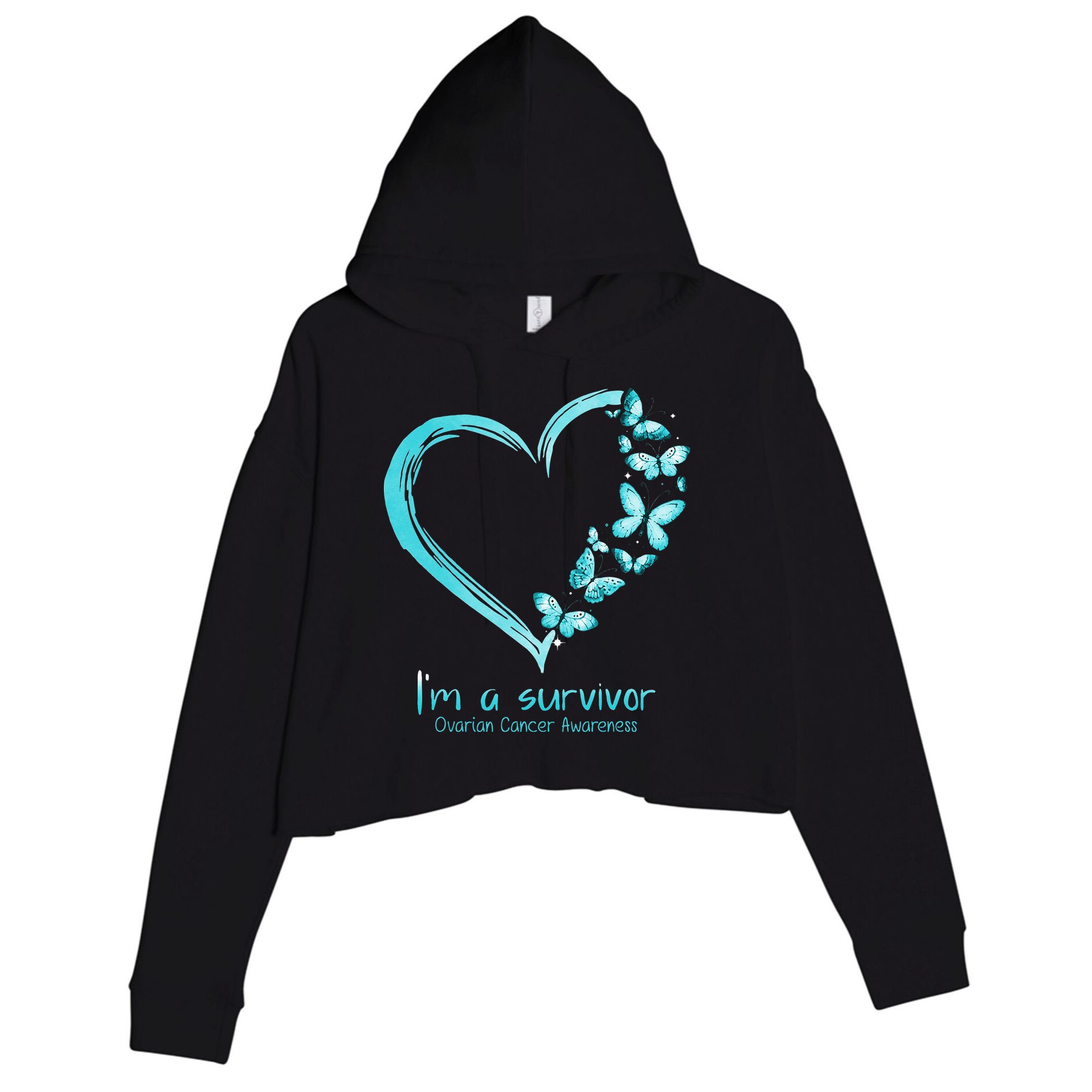 Teal Butterfly Heart Im A Survivor Ovarian Cancer Awareness Crop Fleece Hoodie