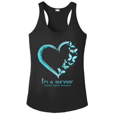 Teal Butterfly Heart Im A Survivor Ovarian Cancer Awareness Ladies PosiCharge Competitor Racerback Tank