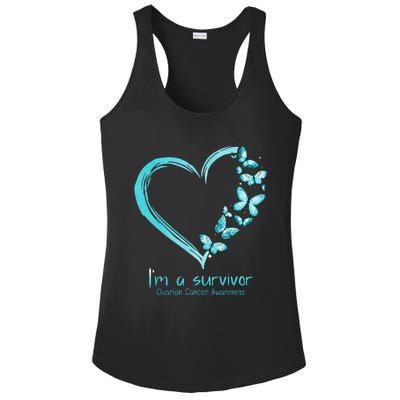 Teal Butterfly Heart Im A Survivor Ovarian Cancer Awareness Ladies PosiCharge Competitor Racerback Tank