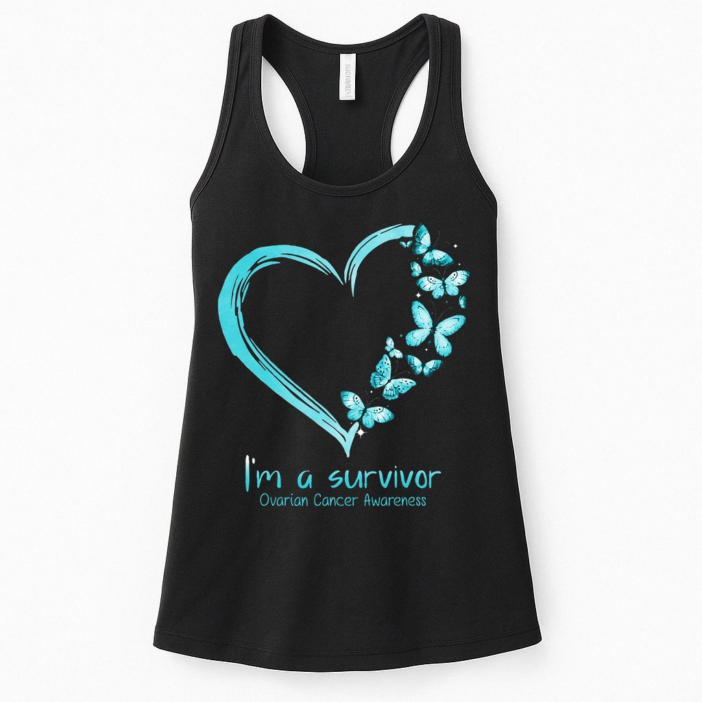Teal Butterfly Heart Im A Survivor Ovarian Cancer Awareness Womens Tank Top
