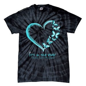 Teal Butterfly Heart Im A Survivor Ovarian Cancer Awareness Tie-Dye T-Shirt