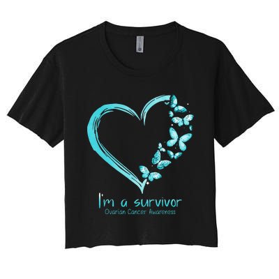 Teal Butterfly Heart Im A Survivor Ovarian Cancer Awareness Women's Crop Top Tee