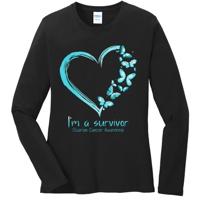 Teal Butterfly Heart Im A Survivor Ovarian Cancer Awareness Ladies Long Sleeve Shirt