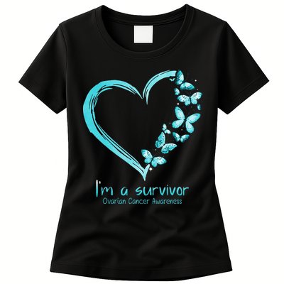Teal Butterfly Heart Im A Survivor Ovarian Cancer Awareness Womens T-Shirt