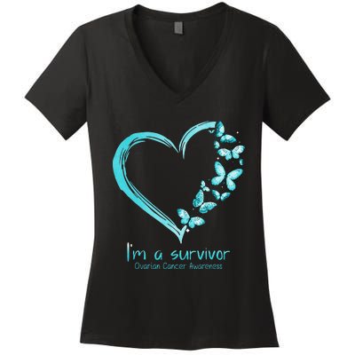 Teal Butterfly Heart Im A Survivor Ovarian Cancer Awareness Women's V-Neck T-Shirt