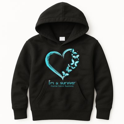 Teal Butterfly Heart Im A Survivor Ovarian Cancer Awareness Kids Hoodie