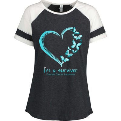 Teal Butterfly Heart Im A Survivor Ovarian Cancer Awareness Enza Ladies Jersey Colorblock Tee