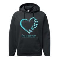 Teal Butterfly Heart Im A Survivor Ovarian Cancer Awareness Performance Fleece Hoodie