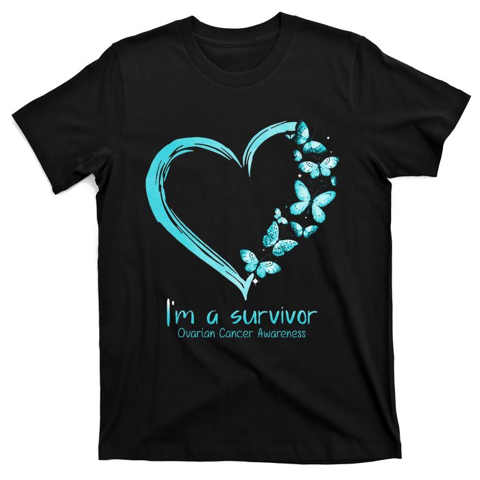 Teal Butterfly Heart Im A Survivor Ovarian Cancer Awareness T-Shirt