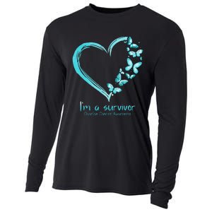 Teal Butterfly Heart Im A Survivor Ovarian Cancer Awareness Cooling Performance Long Sleeve Crew