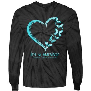 Teal Butterfly Heart Im A Survivor Ovarian Cancer Awareness Tie-Dye Long Sleeve Shirt