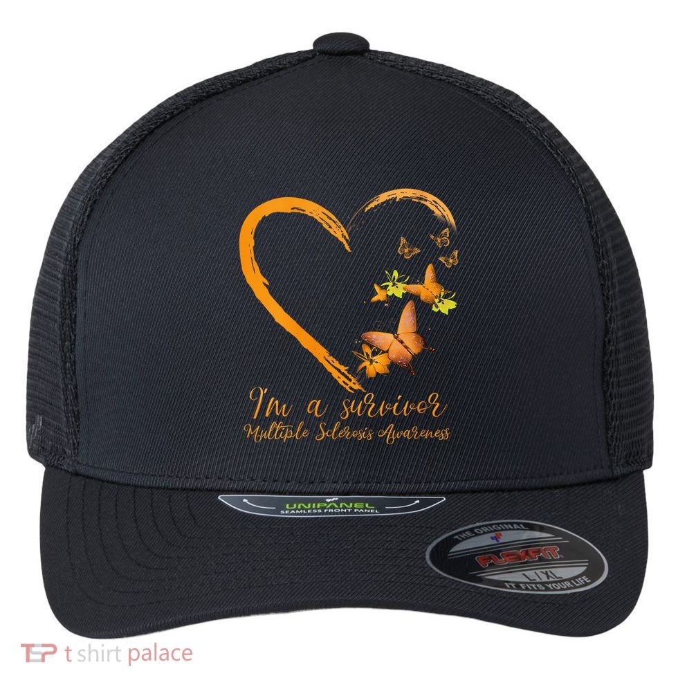 Teal Butterfly Heart Survivor Multiple Sclerosis Awareness Flexfit Unipanel Trucker Cap