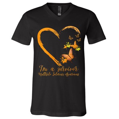 Teal Butterfly Heart Survivor Multiple Sclerosis Awareness V-Neck T-Shirt
