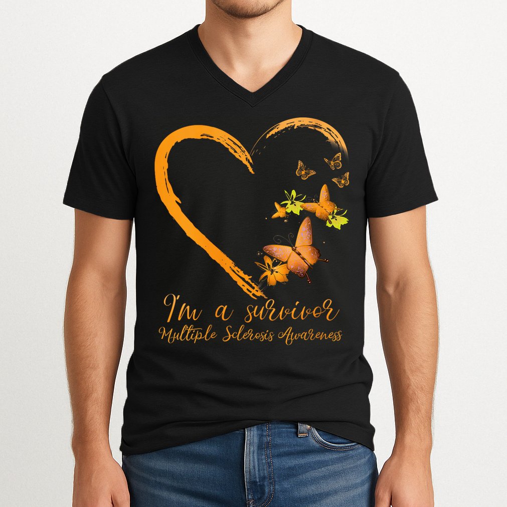 Teal Butterfly Heart Survivor Multiple Sclerosis Awareness V-Neck T-Shirt