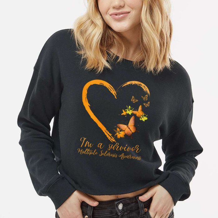 Teal Butterfly Heart Survivor Multiple Sclerosis Awareness Cropped Pullover Crew