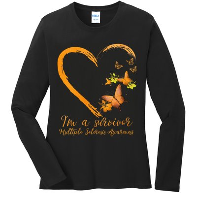 Teal Butterfly Heart Survivor Multiple Sclerosis Awareness Ladies Long Sleeve Shirt