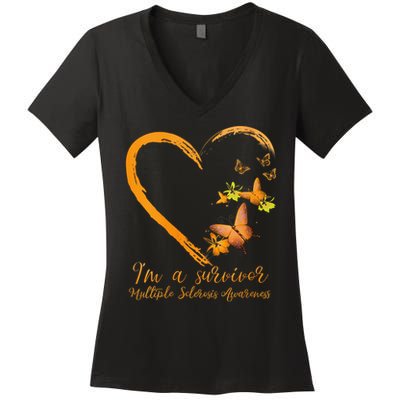 Teal Butterfly Heart Survivor Multiple Sclerosis Awareness Women's V-Neck T-Shirt