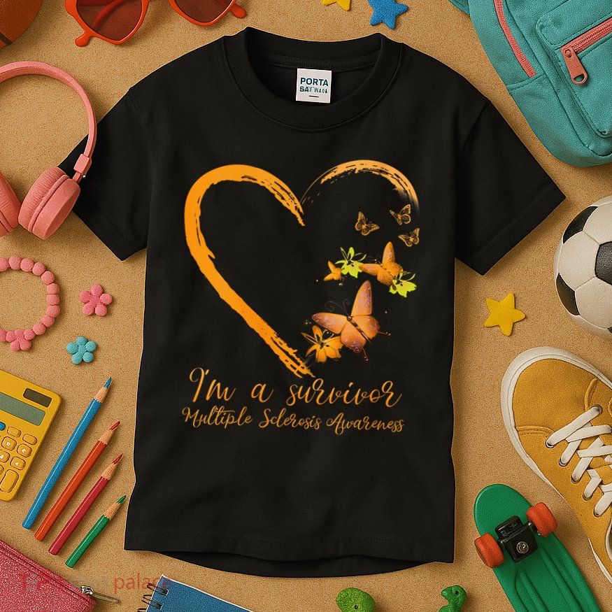 Teal Butterfly Heart Survivor Multiple Sclerosis Awareness Kids T-Shirt