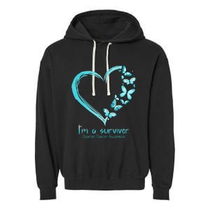 Teal Butterfly Heart Im A Survivor Ovarian Cancer Awareness Garment-Dyed Fleece Hoodie