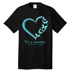 Teal Butterfly Heart Im A Survivor Ovarian Cancer Awareness Tall T-Shirt