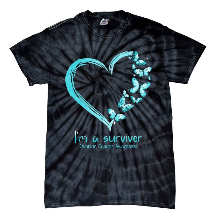 Teal Butterfly Heart Im A Survivor Ovarian Cancer Awareness Tie-Dye T-Shirt