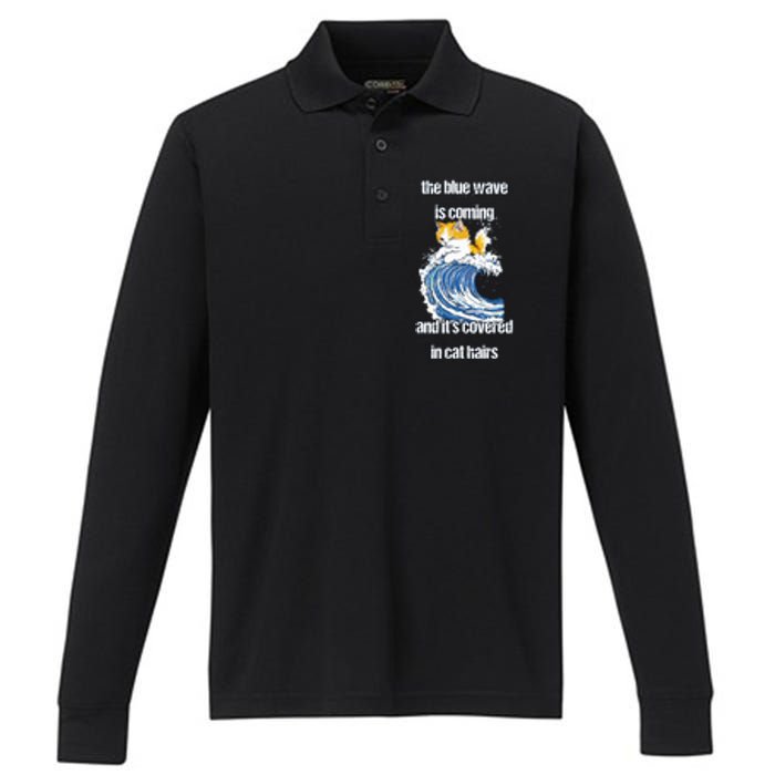 The Blue Humor Wave Is Coming Covered In Cat Hairs Kamala Performance Long Sleeve Polo