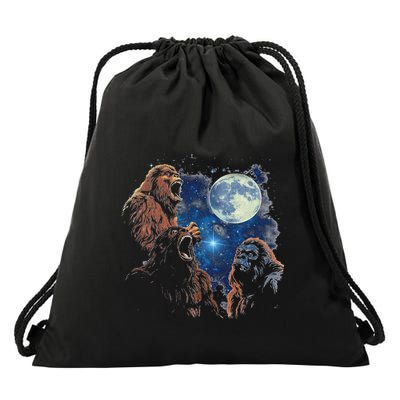 Three Bigfoot Howling At The Moon Sasquatch Starry Night Drawstring Bag