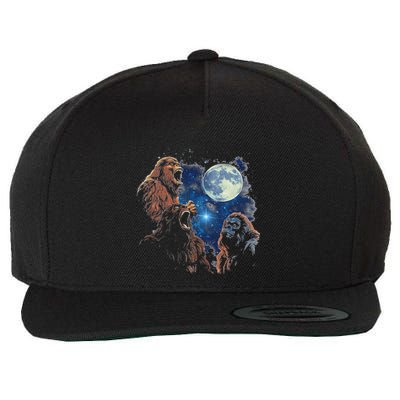 Three Bigfoot Howling At The Moon Sasquatch Starry Night Wool Snapback Cap