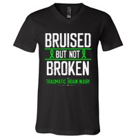 Traumatic Brain Injury Awareness Bruised Broken Green Ribbon V-Neck T-Shirt