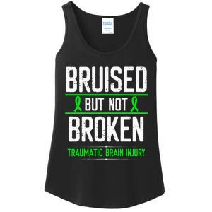 Traumatic Brain Injury Awareness Bruised Broken Green Ribbon Ladies Essential Tank