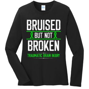 Traumatic Brain Injury Awareness Bruised Broken Green Ribbon Ladies Long Sleeve Shirt