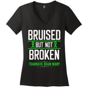 Traumatic Brain Injury Awareness Bruised Broken Green Ribbon Women's V-Neck T-Shirt