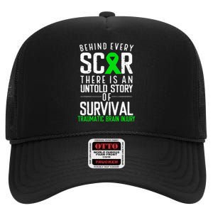 Traumatic Brain Injury Awareness Every Scar Green Ribbon High Crown Mesh Back Trucker Hat