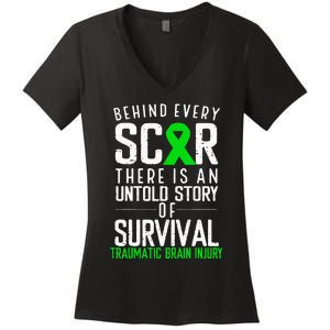 Traumatic Brain Injury Awareness Every Scar Green Ribbon Women's V-Neck T-Shirt