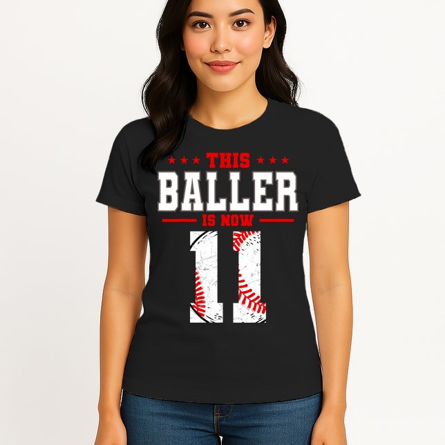 This Baller Is Now 11 Birthday Baseball Theme Bday Party Womens T-Shirt