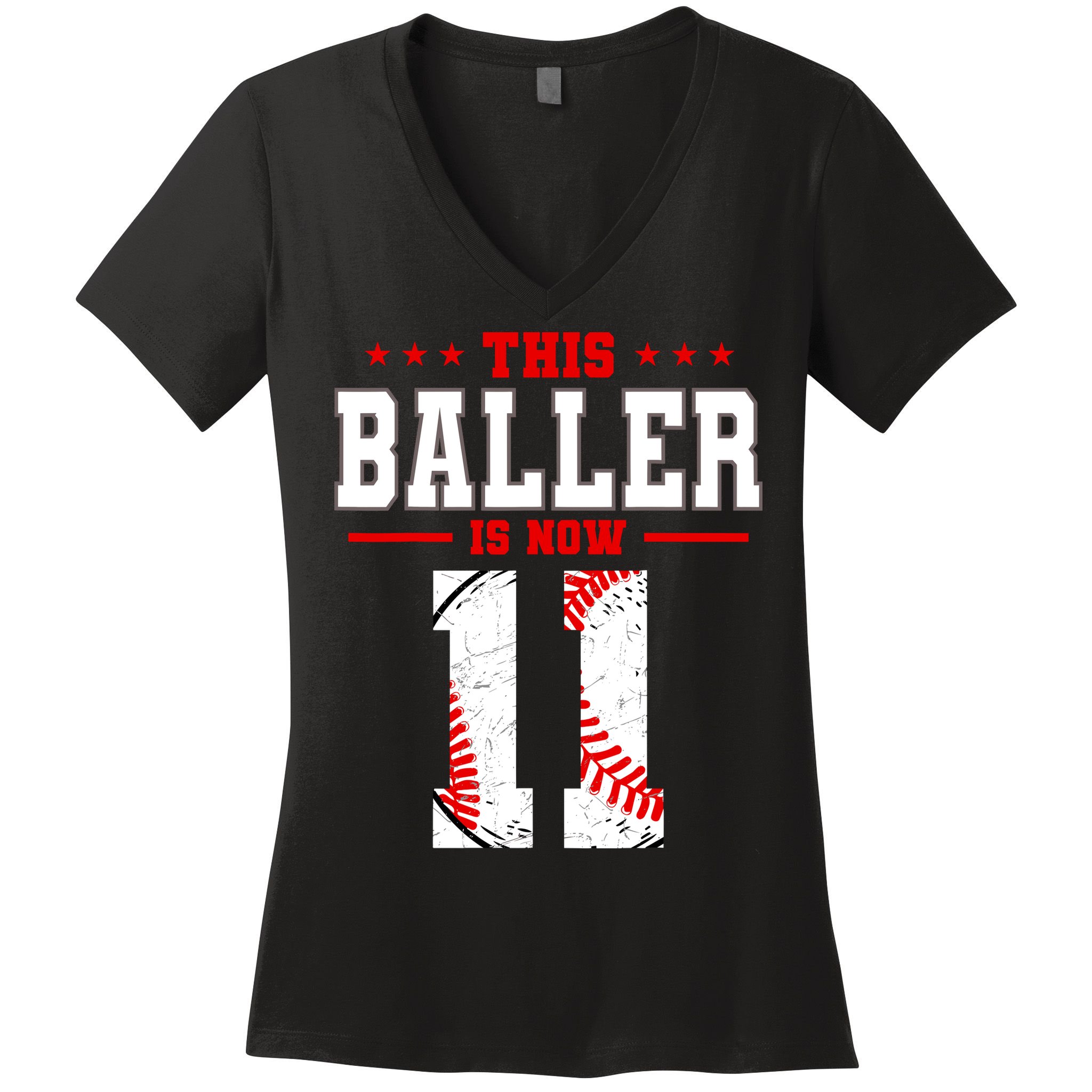 This Baller Is Now 11 Birthday Baseball Theme Bday Party Women's V-Neck T-Shirt