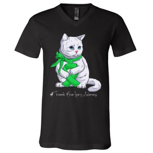 Traumatic Brain Injury Awareness Month Green Ribbon Cat V-Neck T-Shirt