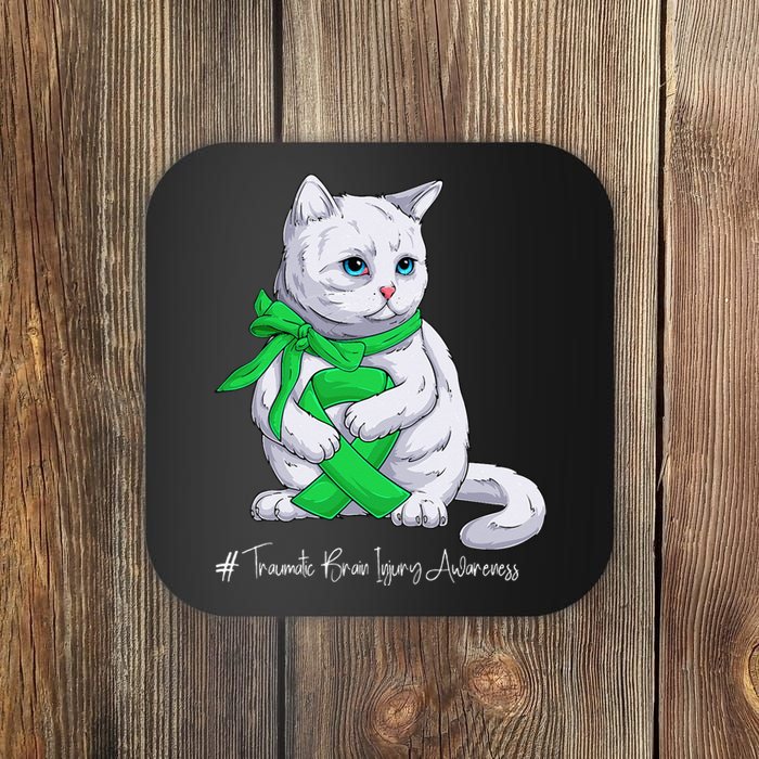 Traumatic Brain Injury Awareness Month Green Ribbon Cat Coaster