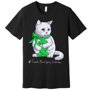 Traumatic Brain Injury Awareness Month Green Ribbon Cat Premium T-Shirt