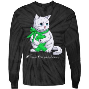 Traumatic Brain Injury Awareness Month Green Ribbon Cat Tie-Dye Long Sleeve Shirt