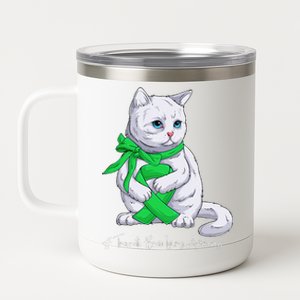 Traumatic Brain Injury Awareness Month Green Ribbon Cat 12 oz Stainless Steel Tumbler Cup