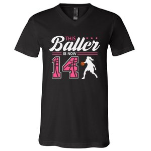 This Baller Is Now 14 Year Old Basketball 14th Birthday V-Neck T-Shirt